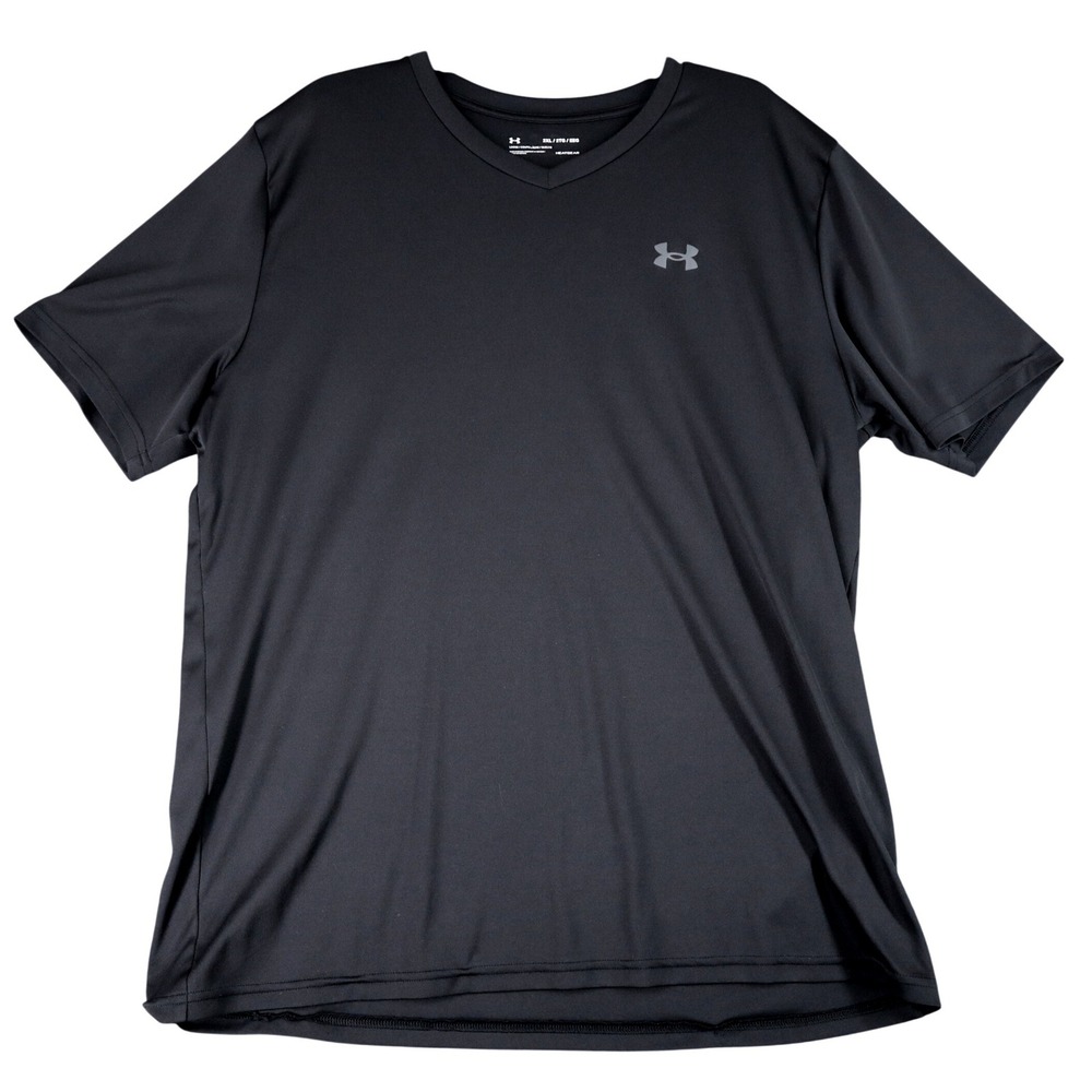 Under Armour Shirt Mens 2XL Black HeatGear V-Neck Short Sleeve Athletic Gym Wear
